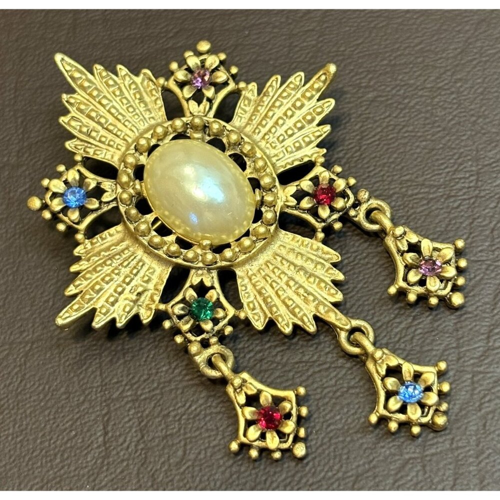 Vintage Maltese Cross Faux Pearl and Multicolor Rhinestones Byzantine Brooch